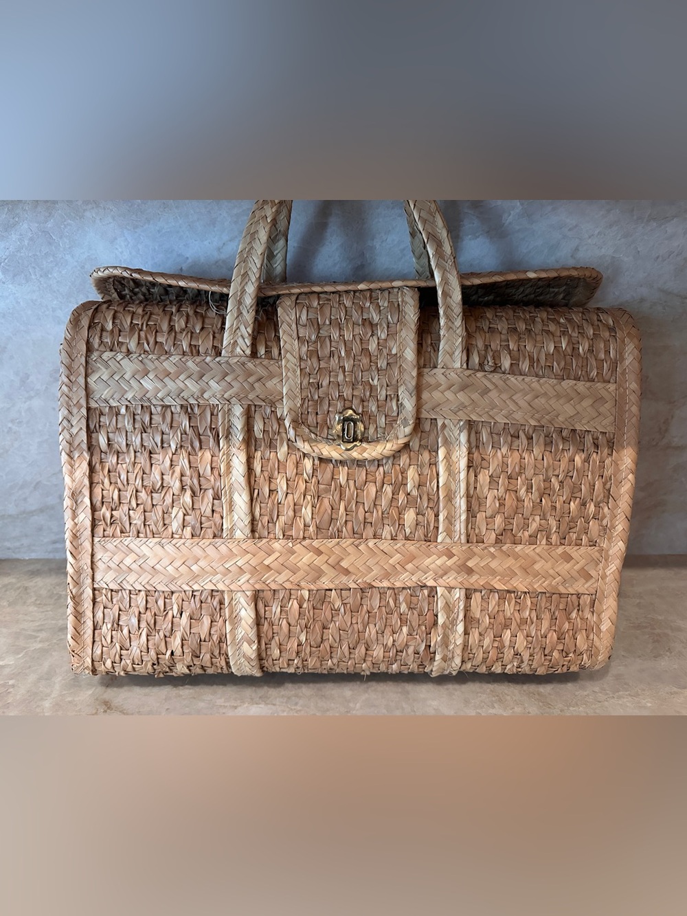 Vintage Wicker Basket Bag Large Structured Tote